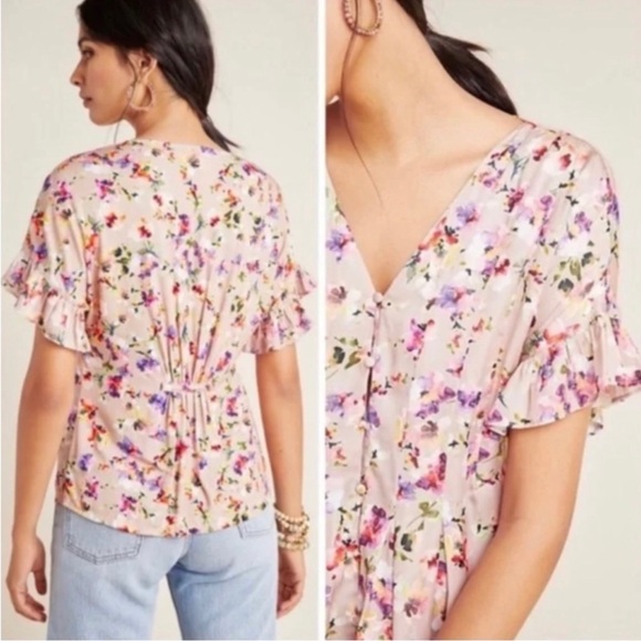 Anthro DOLAN Left Coast Mitzi Floral Blouse Top Shirt Pleated Ruffle Plus Size - Picture 4 of 14